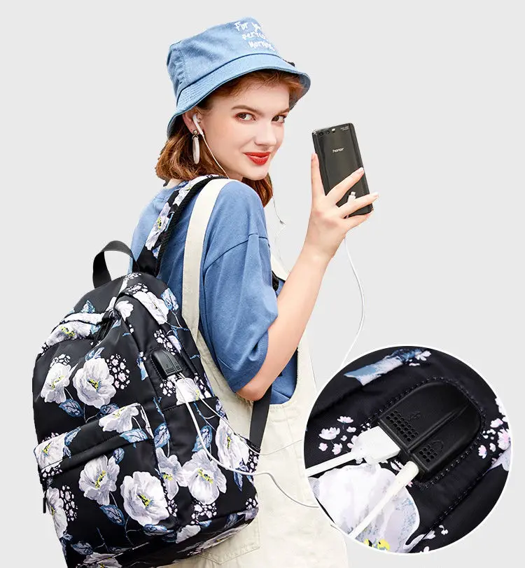 Nylon School Backpacks for Women Bags Ladies Backpack Fashion Designer Female Laptop Backpack Flower Print Teen Girls Book Bags