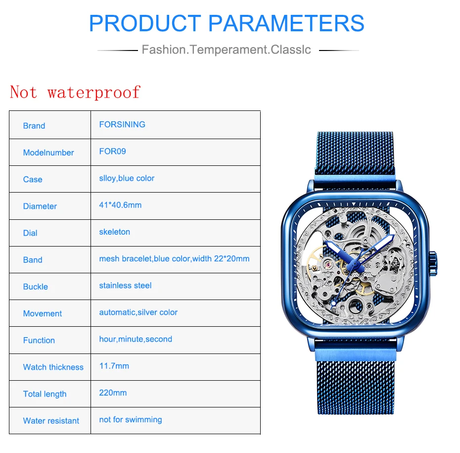 Forsining, синие часы для мужчин, автоматические механические, модные, под платье, квадратный скелет, наручные часы, тонкая сетка, стальной ремешок, аналоговые часы