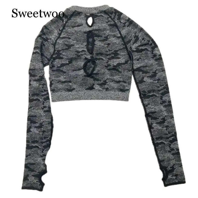 SWEETWOO Camo бесшовный топ для йоги топы Спортивные с длинными рукавами для женщин Открытая Спина фитнес-тренажерный зал укороченный Топ Спортивная рубашка женская спортивная одежда - Цвет: black