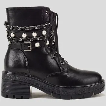 

Brand New Cool Chic Skidproof Rubber Sole Buckle Chains Pearls Chunky Heels Motorcycles Boots Stylish Winter Shoes Boots Women