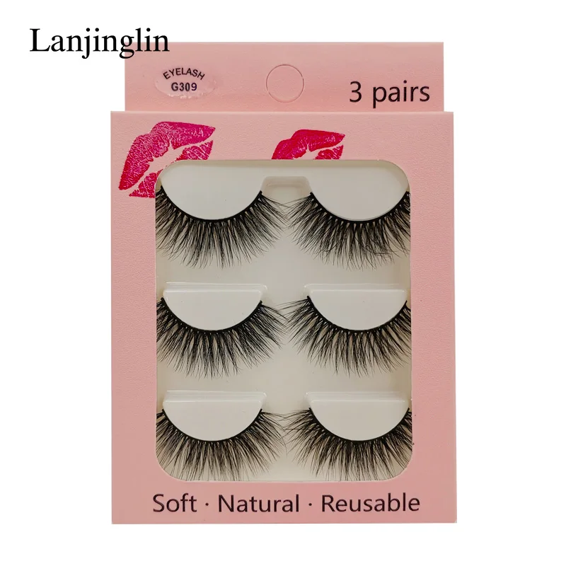 G309 LANJINGLIN, 3 пары, норковые ресницы, искусственные норковые волосы, 3d ресницы для макияжа, пушистые тонкие накладные ресницы, натуральные, длинные, ручная работа - Цвет: G309