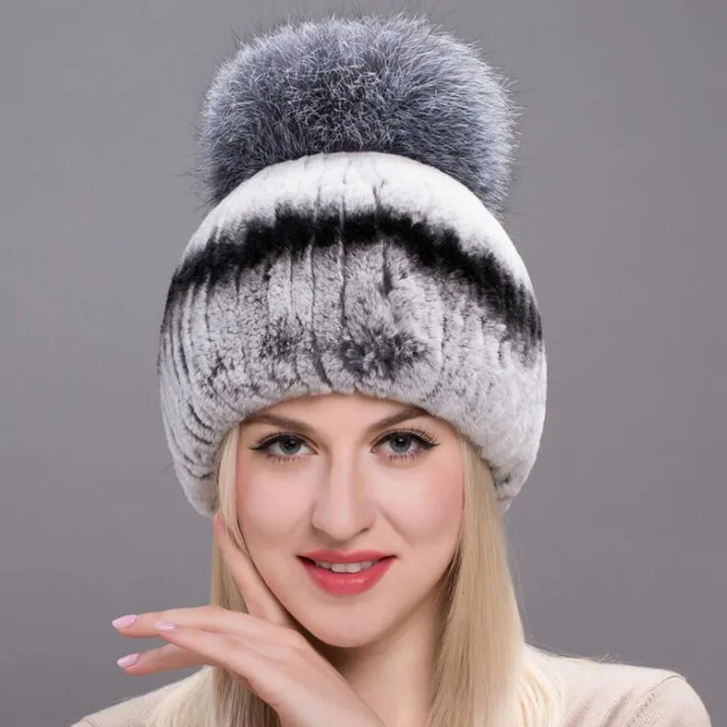 Вязаная шапка из меха кролика Рекс, шапка из меха лисы и лисы, шапка с помпонами, шапка из меха кролика Рекс, теплые наушники