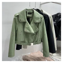 Spring Fall New Fashion Street PU Short Rivet Belt Motorcycle Jacket Womens Long-sleeved Zipper Black Leather Jacket 2021