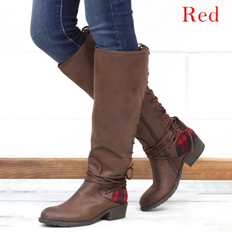 WENYUJH; новые кожаные сапоги до колена; женские высокие сапоги-трубы до колена; пикантные женские сапоги; повседневные эластичные сапоги на шнуровке с боковой молнией - Цвет: Red