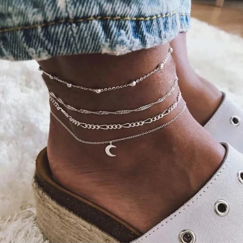 

XIYANIKE Boho Multilayer Delicate Bead Silver Anklets For Women Moon Vintage Beach Ankle Bracelet on Leg Summer Foot Jewelry