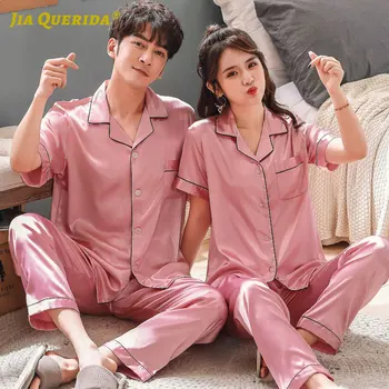 

Fashion Style Casual Pink Men and Women Couple Pajamas Set Short Sleeve Long Pants Imitated Silk Satin Silk Turn Down Collar