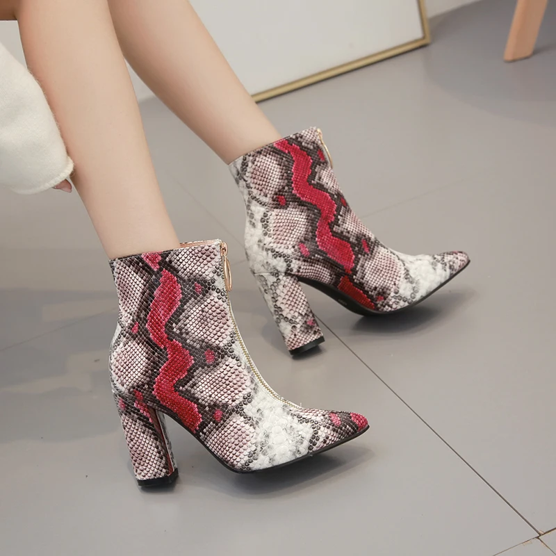 

Square High Heels Ankle Boots Woman Shoes Sanke Prints Pointed Toe Zip Boot Winter Ladies Short Booties Sexy Zapatos De Mujer