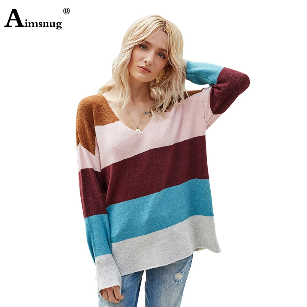 

Aimsnug Leisure Sweater Women Long Sleeve V-neck Striped Print Loose Sweaters 2020 Casual Autumn Winter Female Knitted Pullovers