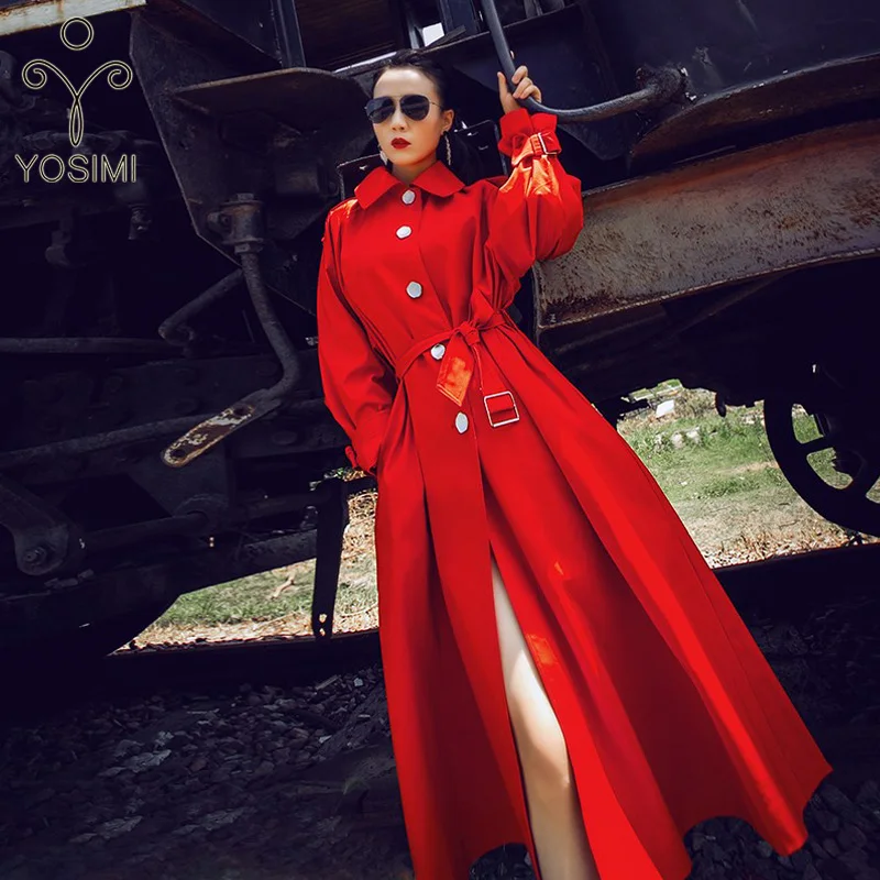 Yosimi 2019 Herfst Winter Maxi Jas Vrouwen Lange Trenchcoat Riem Turn-Down Kraag Rok Stlye Grote Size Een size Rode Windjack