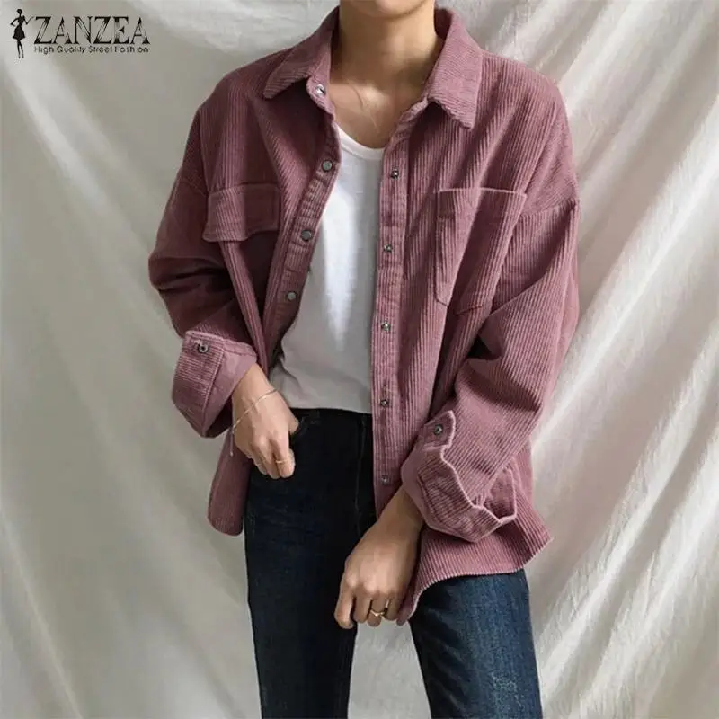 Женские вельветовые рубашки, весна, ZANZEA Kaftan, Повседневная Блузка с длинным рукавом, Blusas, Женская туника на пуговицах, топы больших размеров 5XL