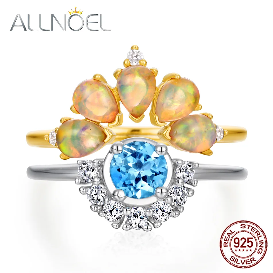 

ALLNOEL Natural Gemstone Ring Topaz Opal Rose Quartz Labradorite 925 Sterling Silver Stackable Ring Set Fine Jewelry For Women