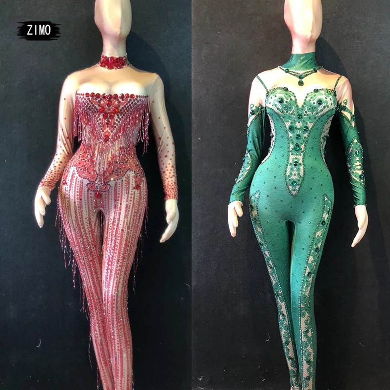 

tassel rhinestone Crystal Nightclub green red jumpsuit nude Party Singer Stage Wear Performance pole Dance Costume rave festival