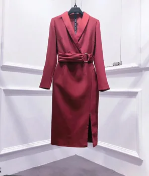 

New 2019 autumn winter office lady elegant blazer dress long sleeve side slit sexy plus size dresses burgundry black