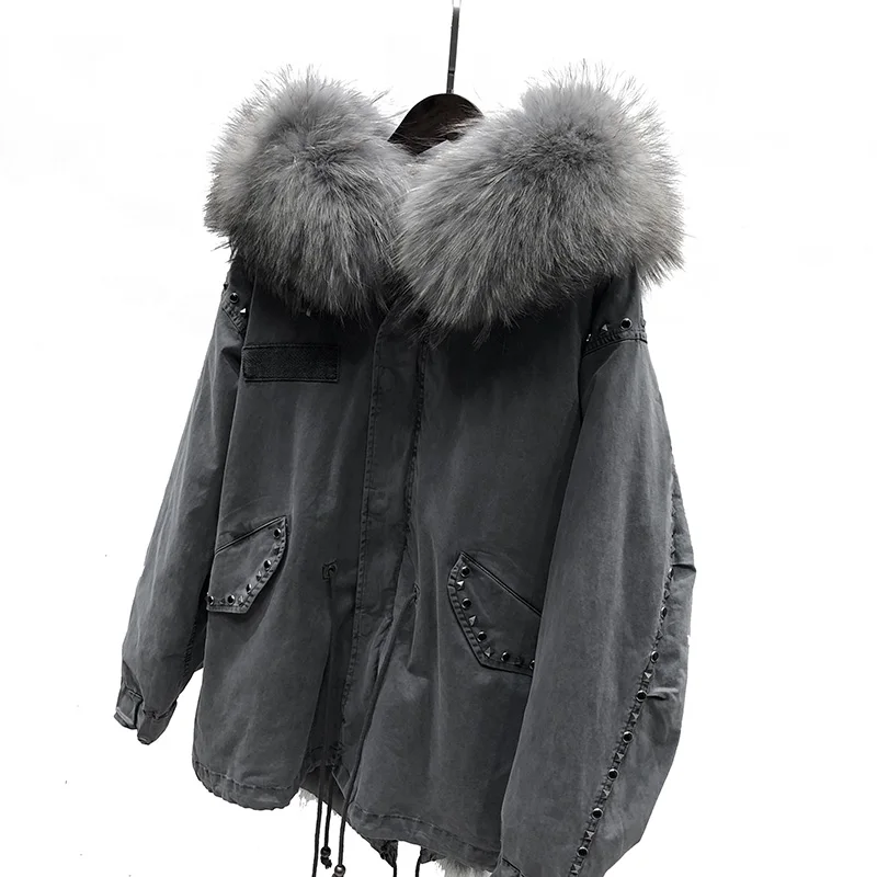 Short Gray Новая зимняя модная женская длинная армейская парка с натуральным мехом негабаритное пальто с капюшоном куртка с заклепкой свободная одежда - Цвет: Short Gray