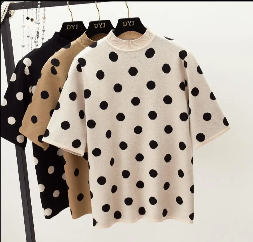 

2019 New Spring Women's Round Collar Short Sleeve Polka Dot Sweater Female Casual Pullover Knitted Shirt Tops