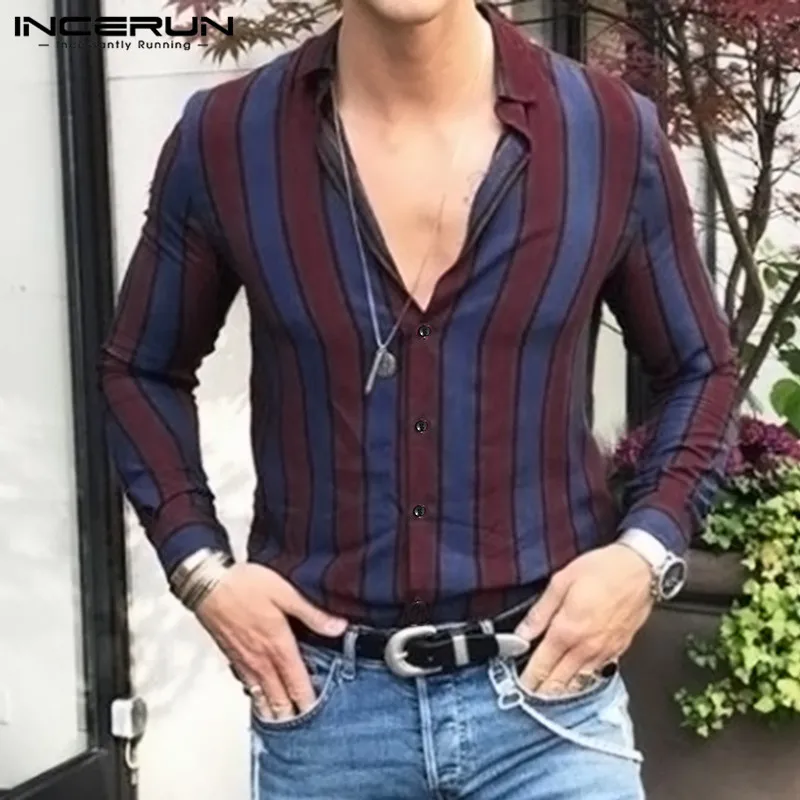 INCERUN полосатая рубашка мужская с длинным рукавом высокого качества с отворотом шеи Camisa модная деловая Повседневная брендовая рубашка Мужская Уличная рубашка