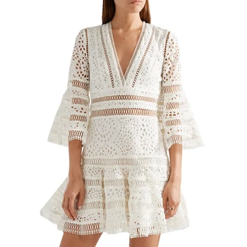 

Luxury New Fashion 2020 Embroidery Runway Dress Self Portrait Women Flare Sleeve Sexy V-Neck Hollow Out Lace Mini Dress Vestidos