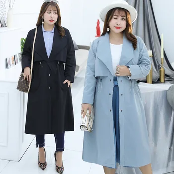 

Plus Size England Style Solid Long Trench Coat for Women Loose Adjustable Waist Women Coats Black European Autum Wind Breaker