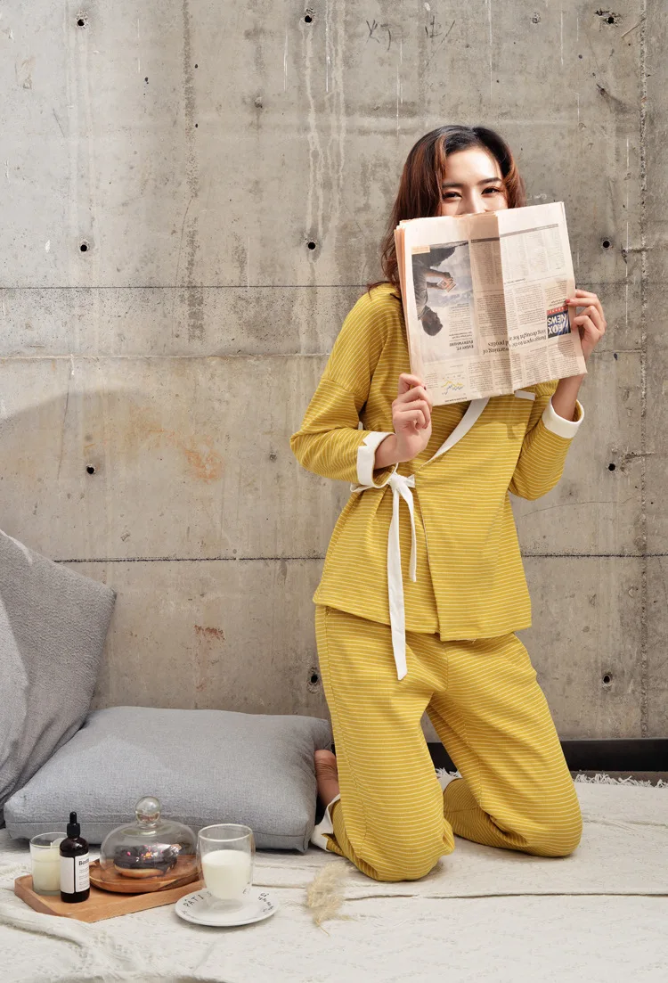 Spring New Pajamas Female Long-sleeved Trousers Cotton Pyjamas Women Striped V-Neck Kimono Couple Pajamas Casual Home Sleepwear