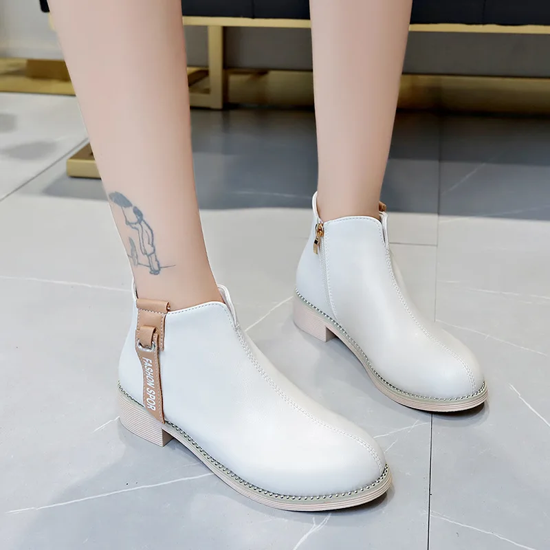 

Women Ankle Boots Spring Autumn Women Boots Ladies Square Heel Zipper Leather Round Head Martin Boots Non-Slip Black Botas Mujer