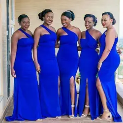 African Plus Size Country Style Maid Of Honor Bridesmaid Dresses Long Royal Blue Side Split Prom Party Gowns Custom Made