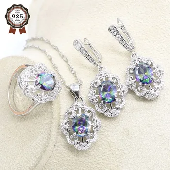 

Silver Color Multicolor Rainbow Zircon Jewelry Set for Women Earrings Necklace Pendant Ring Gift Box