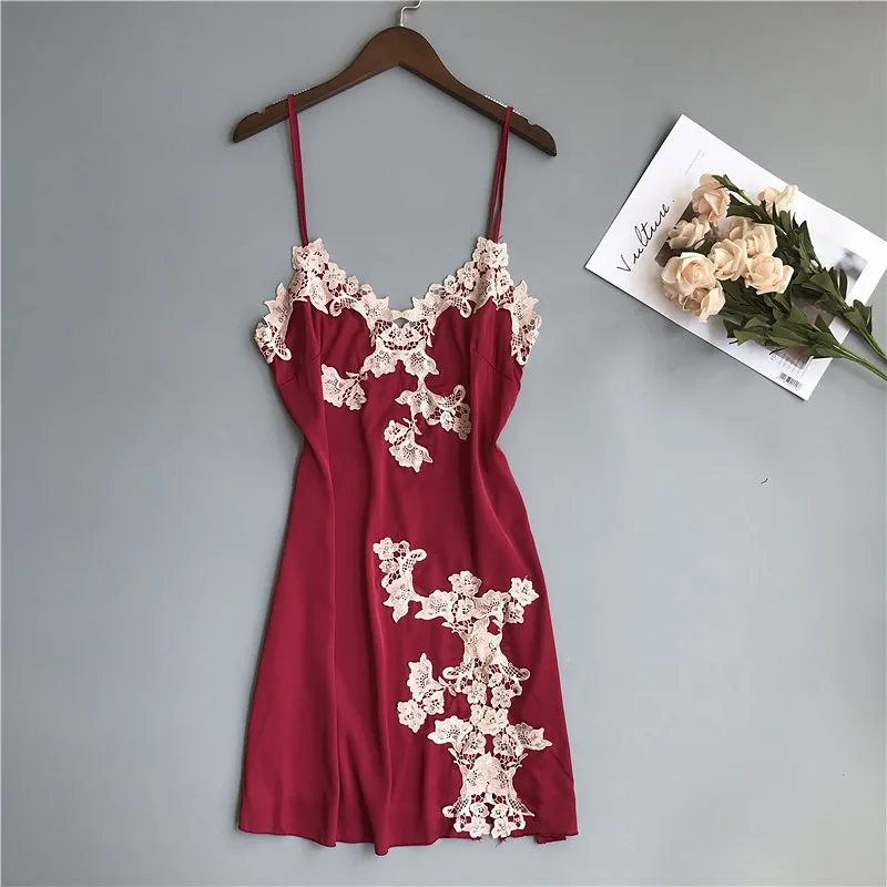 

Женская пижама с лямкой через шею, тонкая Сексуальная кружевная ночная рубашка с вышивкой, шелковая домашняя пижама, интимное нижнее белье для женщин, весна-осень