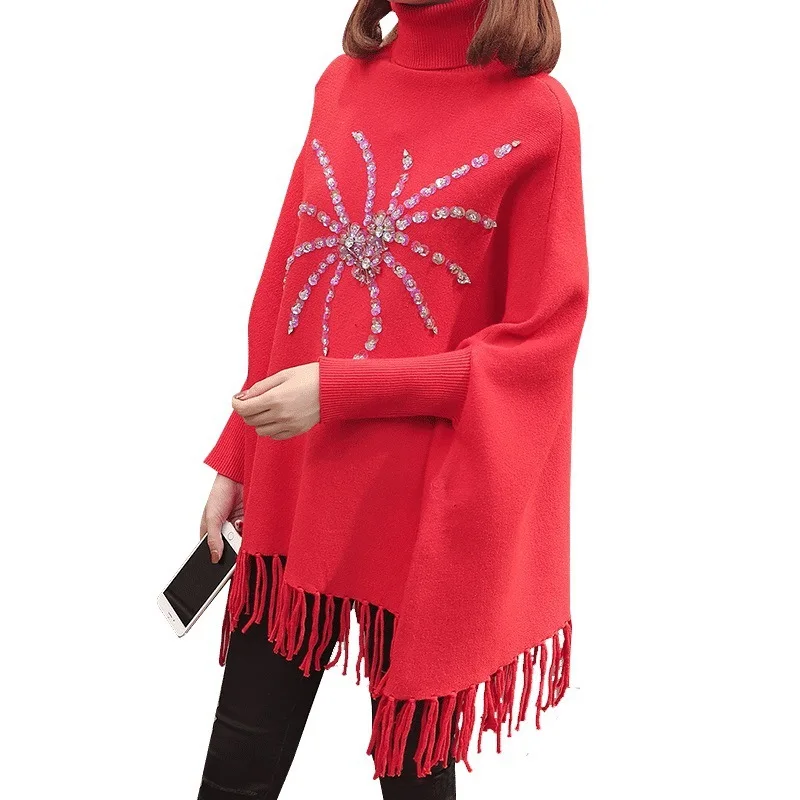

Cape Knitted Harajuku Sweater Women's 2019 Spring And Autumn New Style Bat Sleeve Tassels Shawl Mid-length Thick Coat