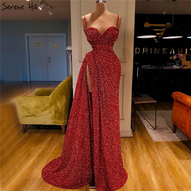 Red Luxury Sweetheart Sexy Mermaid Evening Dresses 2021 Dubai Sparkle Sequins Beading Gowns Serene Hill LA70300 | Свадьбы и