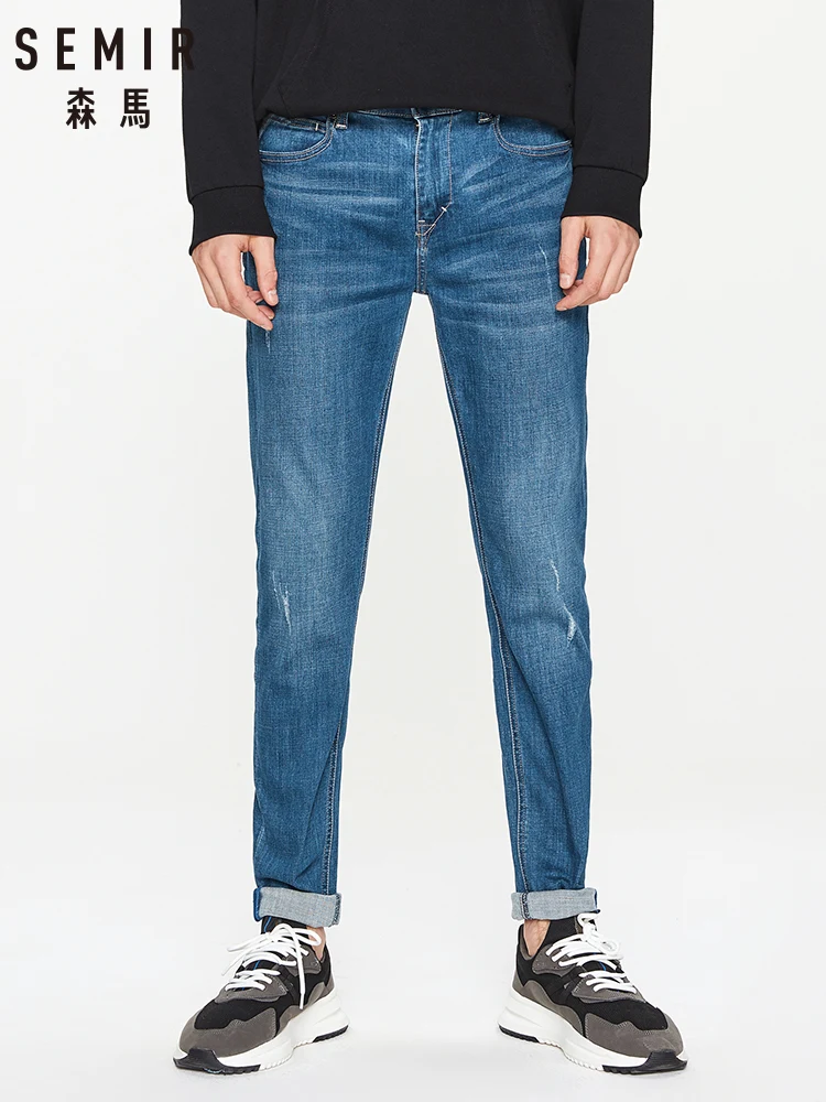 SEMIR Black jeans men slim feet pants 2020 mid-waist trousers teen hole trend elastic casual man | Мужская одежда