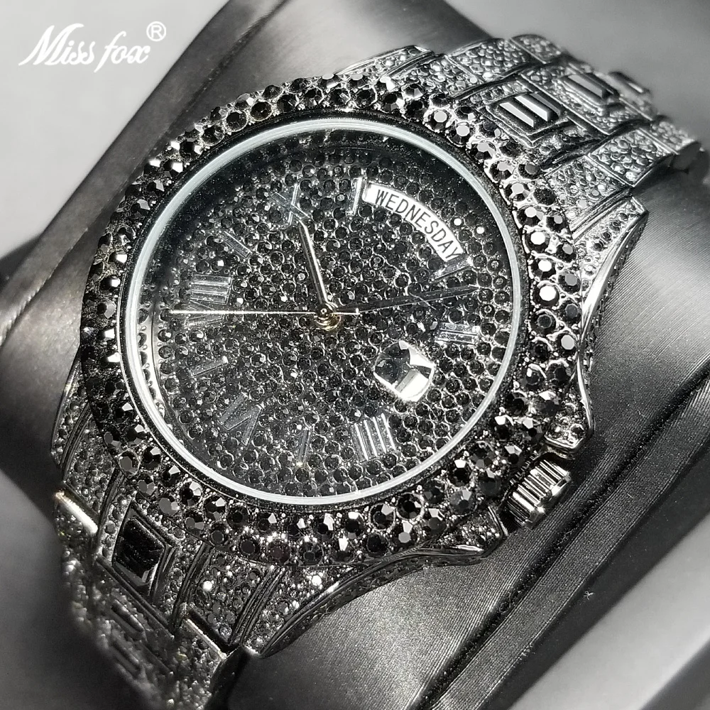 MISSFOX Black Full Diamond Mens Watches Hip Hop Bling Iced Out Quartz Watch Day Date Waterproof Stainless Steel Auto Date Clock