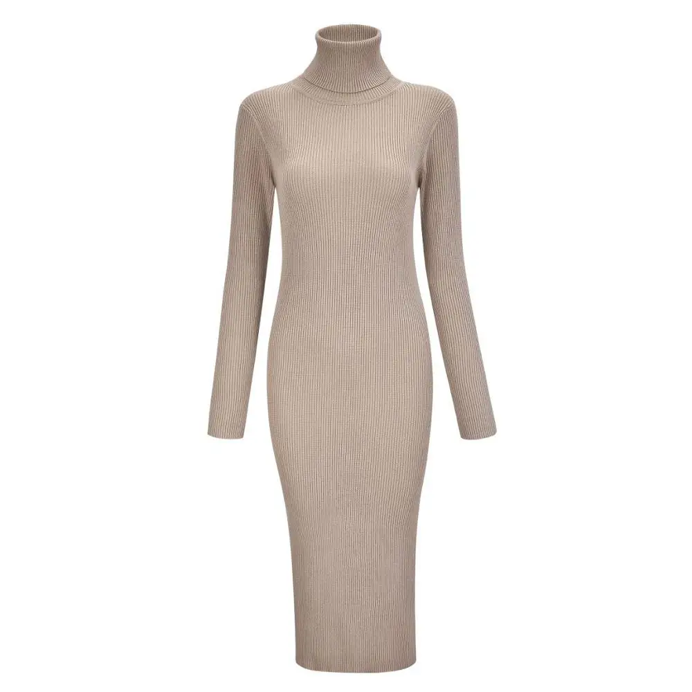 Light Khaki Wipalo Тонкое трикотажное платье, платье-водолазка, водолазка с длинным рукавом осень-зима - Цвет: Light Khaki