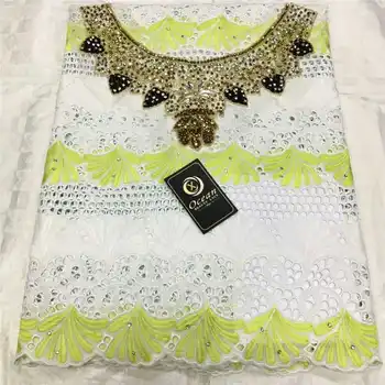 

2020 latest lace High quality African 100%cotton swiss lace with stones fabric for Party long Dresses In white+green