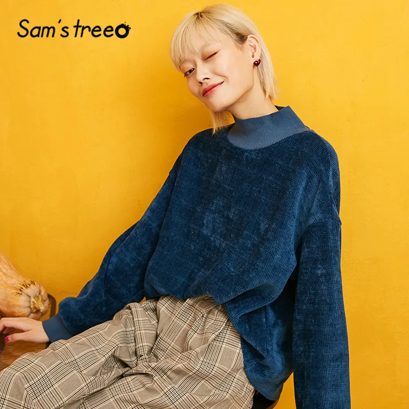  SAM'S TREE Blue Solid Turtleneck Knit Hoodies Leisure Sweatshirt Women 2019 Autumn Long Sleeve Casu