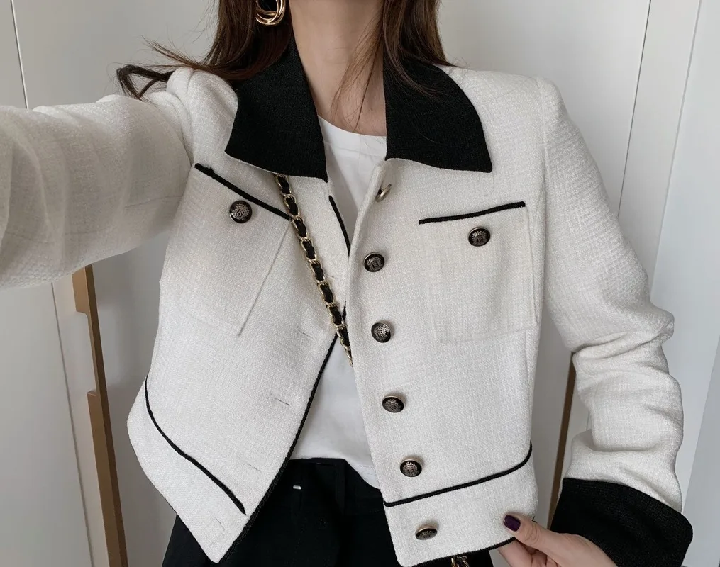

Fashion Vintage Short Jackets Women Patchwork High Street Style Elegant Women Jackets Golden Button Women Tops Autumn Jacket