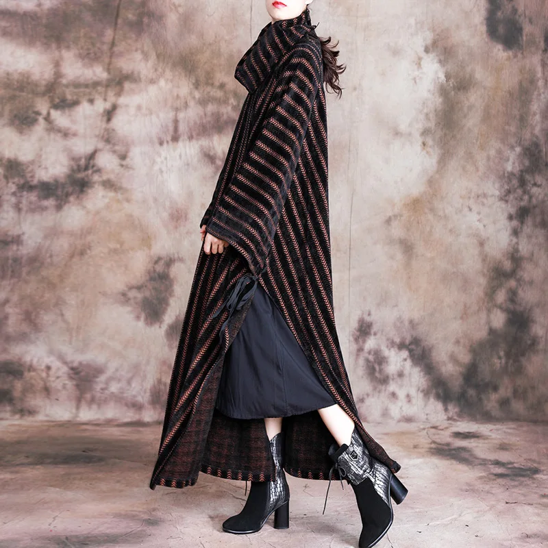 Johnature Women Bat Sleeve Dress Turtleneck Winter New Striped Plus Size Women Cloths Thick High Quality Loose Dresses