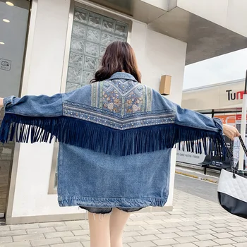 

Women Denim Jacket Blue Loose Embroidery Rivet Tassel Pocket Oversize Moto Biker Punk Boho female spring jean jacket
