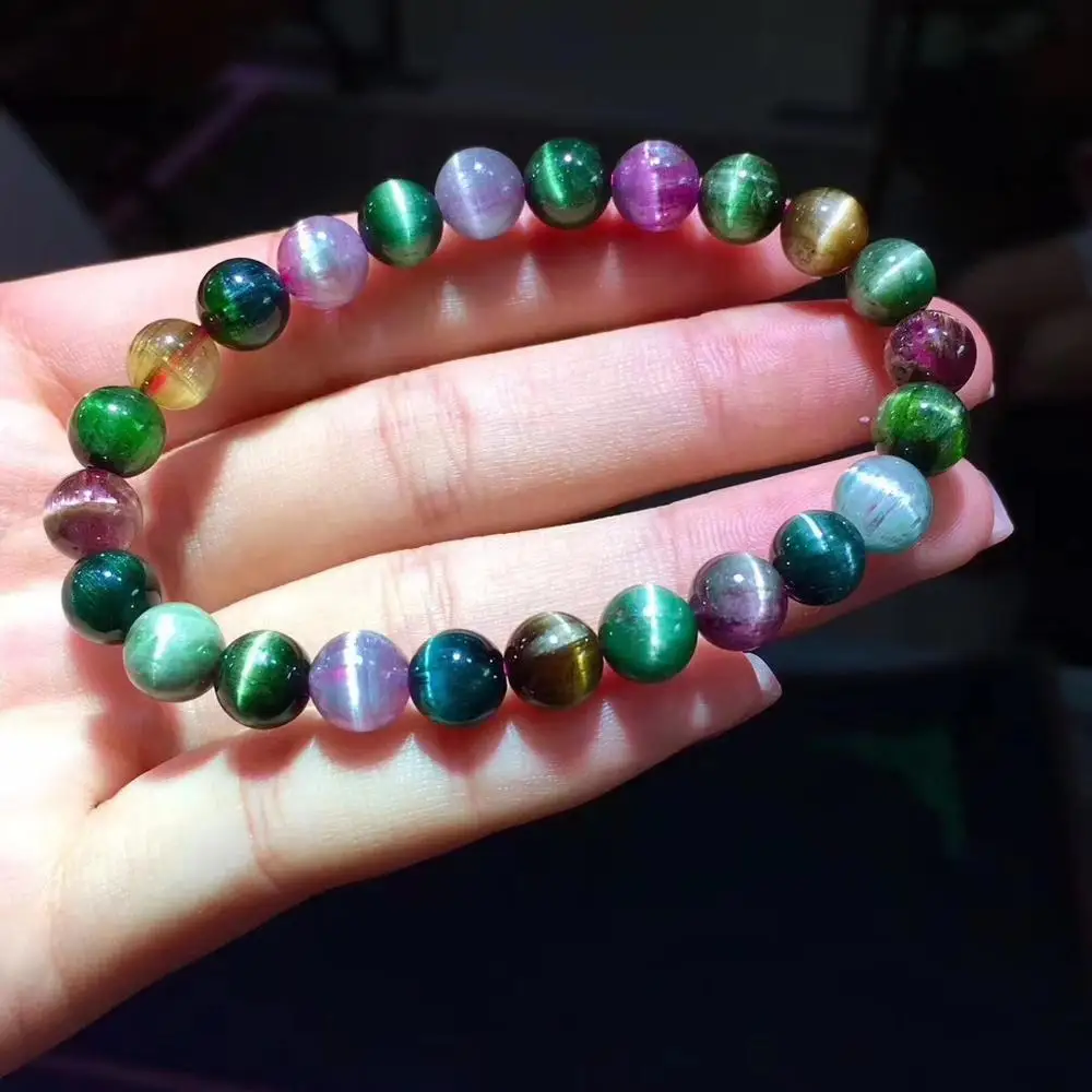 

Top Quality Natural Colorful Tourmaline Cat Eye Round Beads 8mm Women Men Crystal Rare AAAAA Certificate