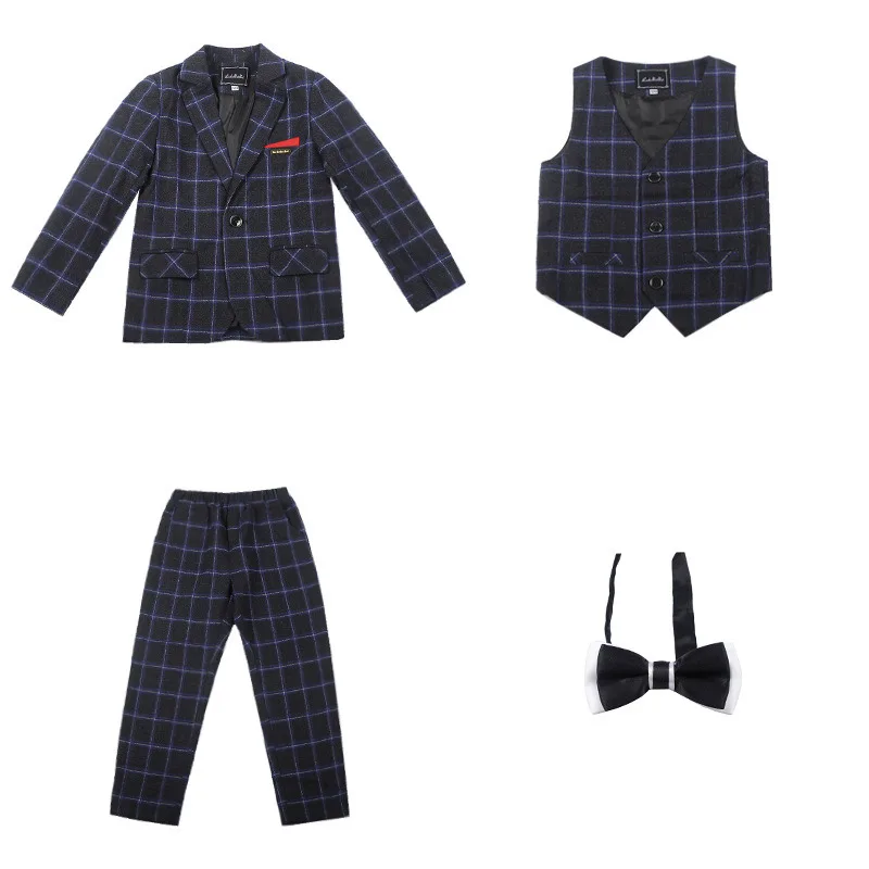 A blue 3pcs Строгие облегающие костюмы в клетку для мальчиков; детский Свадебный костюм; детский блейзер для мальчиков; жилет; брюки; комплект из 3 предметов; Одежда для мальчиков - Цвет: A blue 3pcs