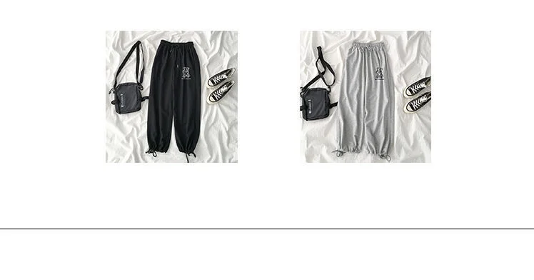 preto de corrida, calças largas, tamanho grande, moda coreana, cinza