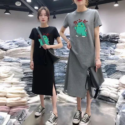 

Summer Short-sleeve Dress Women's Casual Belly Covering Large Size Loose-Fit Mid-length over-the-Knee Base T-shirt Skirt