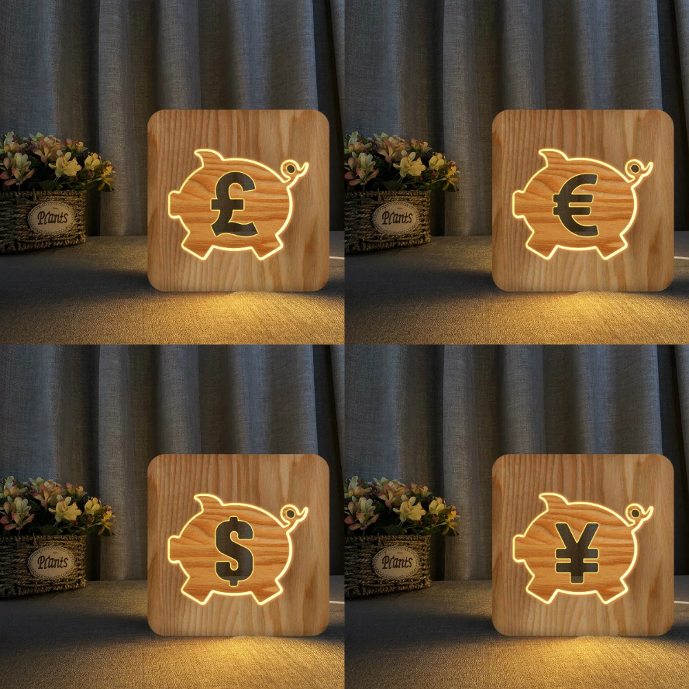 Dropshipping Currency Euro US Dollar Pound 3D Night Light USB Wooden Base DIY Lamp For Saving Gift Holiday | Лампы и освещение
