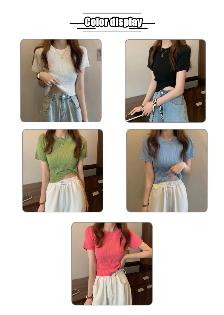 Summer Slim Thin Round Neck Solid Color Knitted Short-sleeved Pullover T-shirt Spring And Autumn New Fashion Bottoming Top