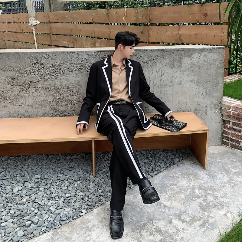 Male Street Clothes Hip Hop Stripe Splicing Casual Tuxedo Blazer Suit Jacket Pants Warm Clothes 2 Pieces Suits Sets Hombres