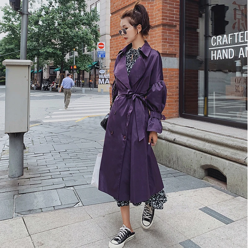 Windbreaker female Violet Double-breasted Long 2020 Spring Autumn Korean Loose Casual Fashion Over knee Trench Women coat W91