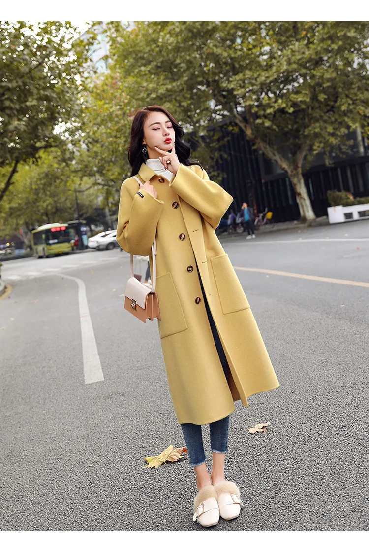Модное Новое зимнее пальто элегантное женское длинное шерстяное пальто женское свободное одноцветное шерстяная куртка Корейская шерстяная и смешанная Женская куртка
