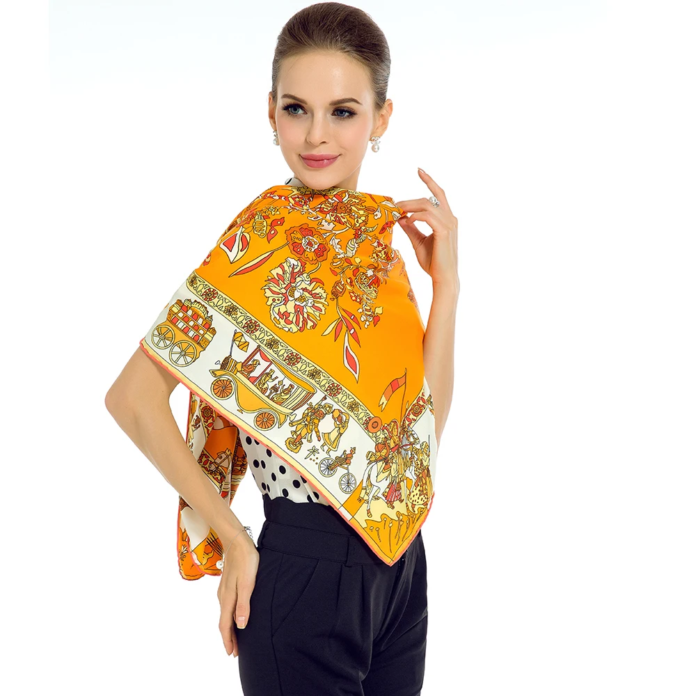 Большой шелковый шарф из Твила для женщин с принтом дерева квадратные шали на