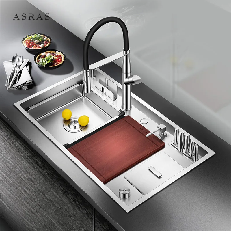 

Asras 8649l+3059 SUS304 handmade kitchen sink with drainer and faucet One-click table control drainage stainless steel sinks
