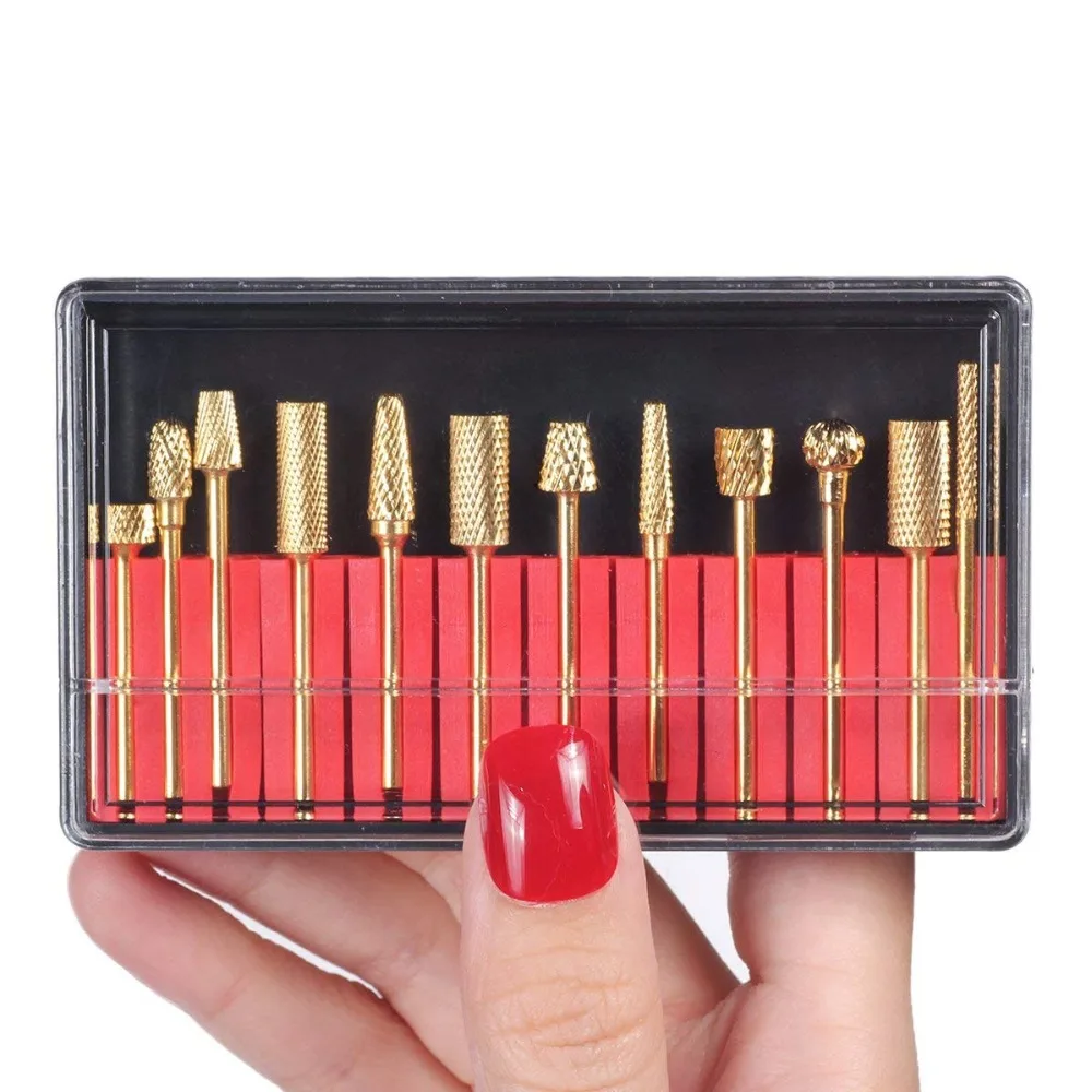 12PCS Professional Nail Drill Bits Set Electric Nail File Carbide Bit Silver Gold Nail Art Tools 3/32'' with Storage Case Holder 6
