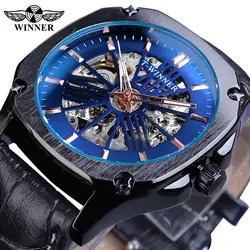 Winner повседневные механические часы мужские синие скелетные автоматические светящиеся наручные часы с кожаным ремешком Мужские